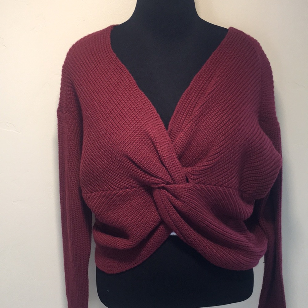 Burgundy Cross Front Knit Sweater